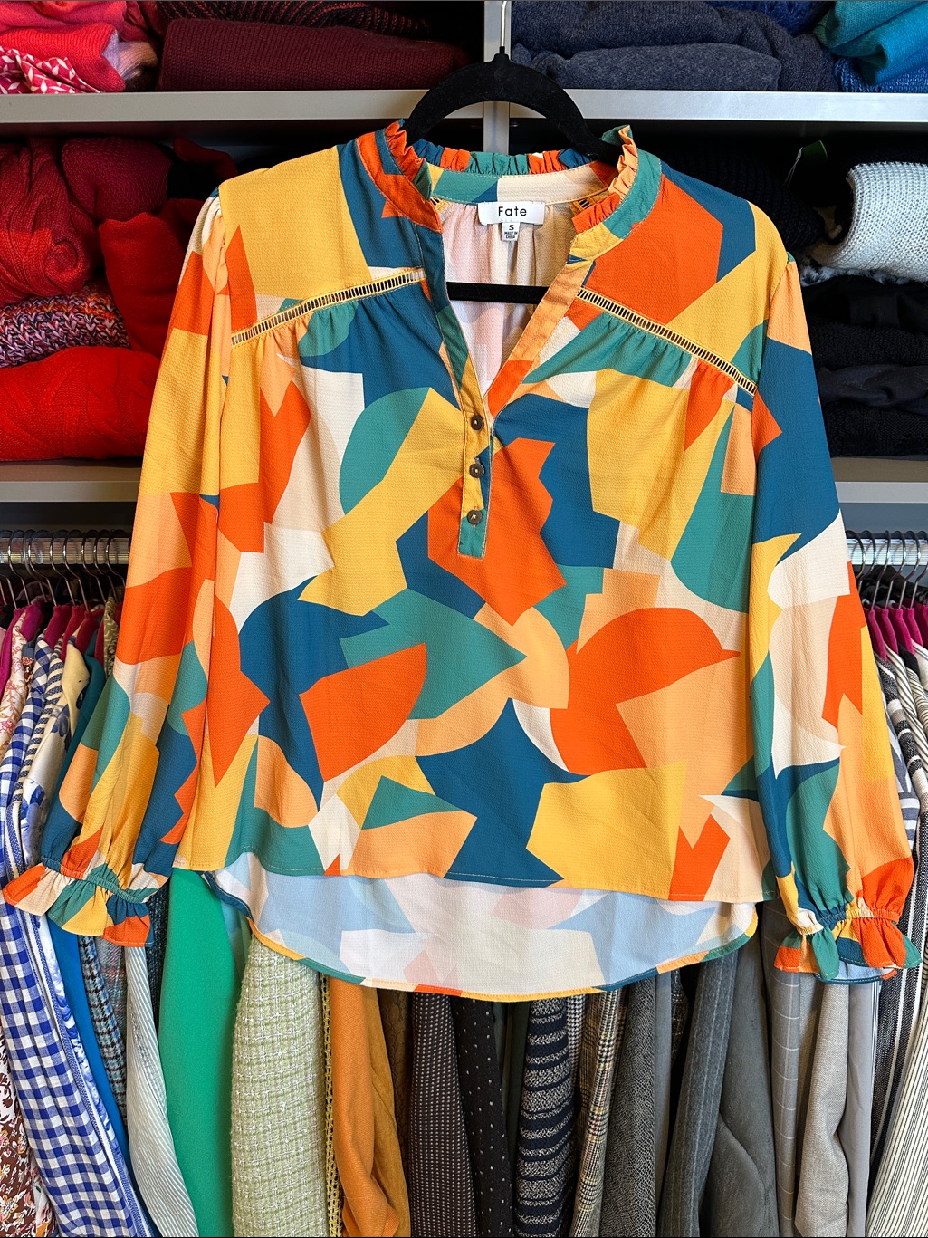 Fate Green/Yellow/Orange/Blue Print Long Sleeve V Neck Blouse Size S